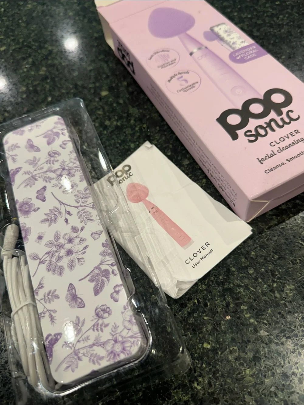 Pop Sonic Clover Facial Cleansing brush device Lavender w floral case NEW facial